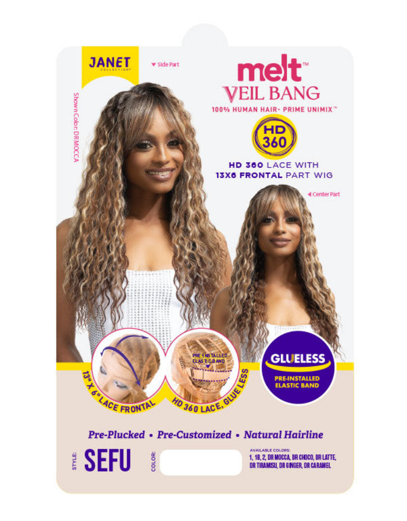 Janet Collection Melt Veil Bang Glueless 100% Human Hair Blend HD 360 Lace 13x6 Front Wig SEFU