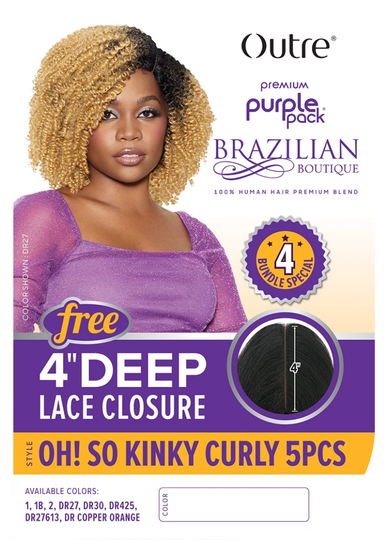 Outre Purple Pack Brazilian Boutique 100% Human Hair Blend Weave OH SO KINKY CURLY 5 PCS + Free 4" Deep Lace Closure