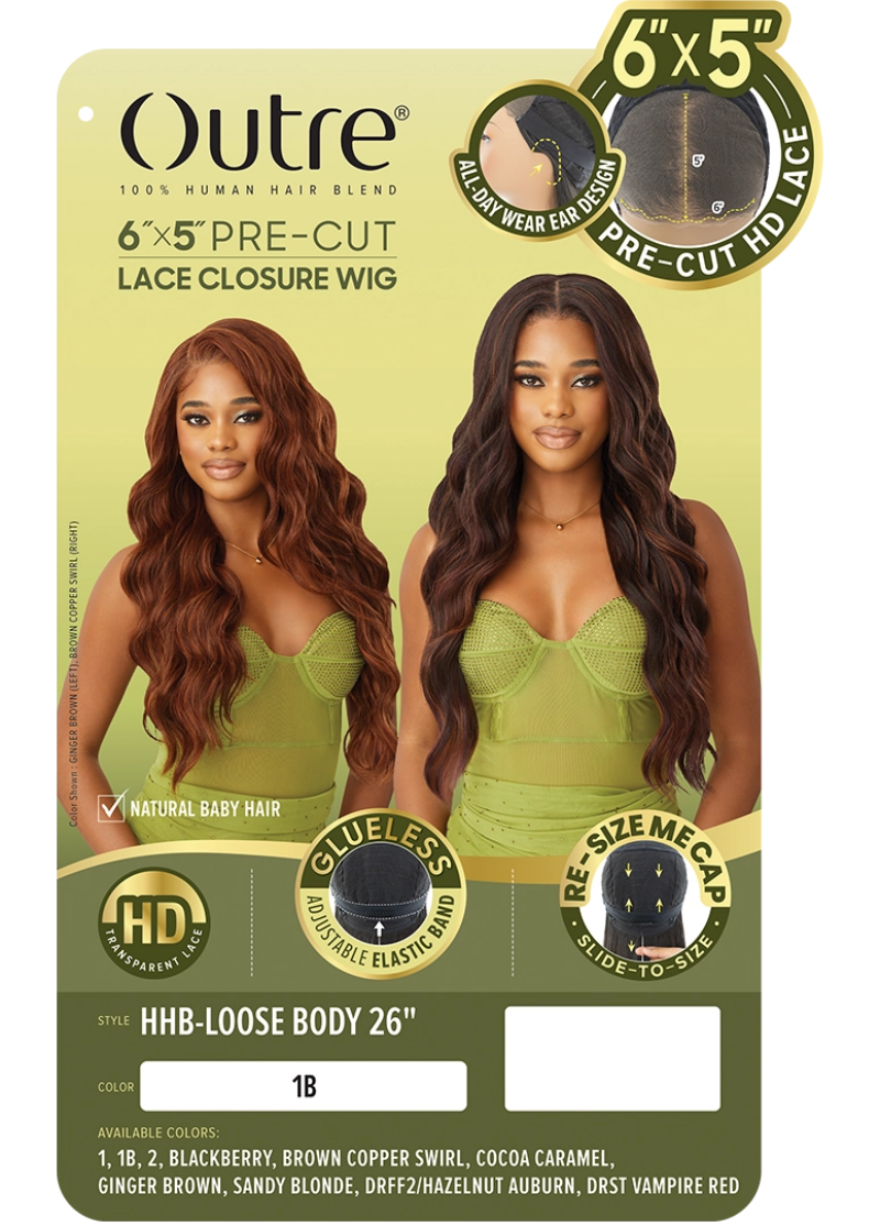 Outre Glueless 100% Human Hair Blend 6x5 Pre-Cut Lace Closure Wig LOOSE BODY 26"