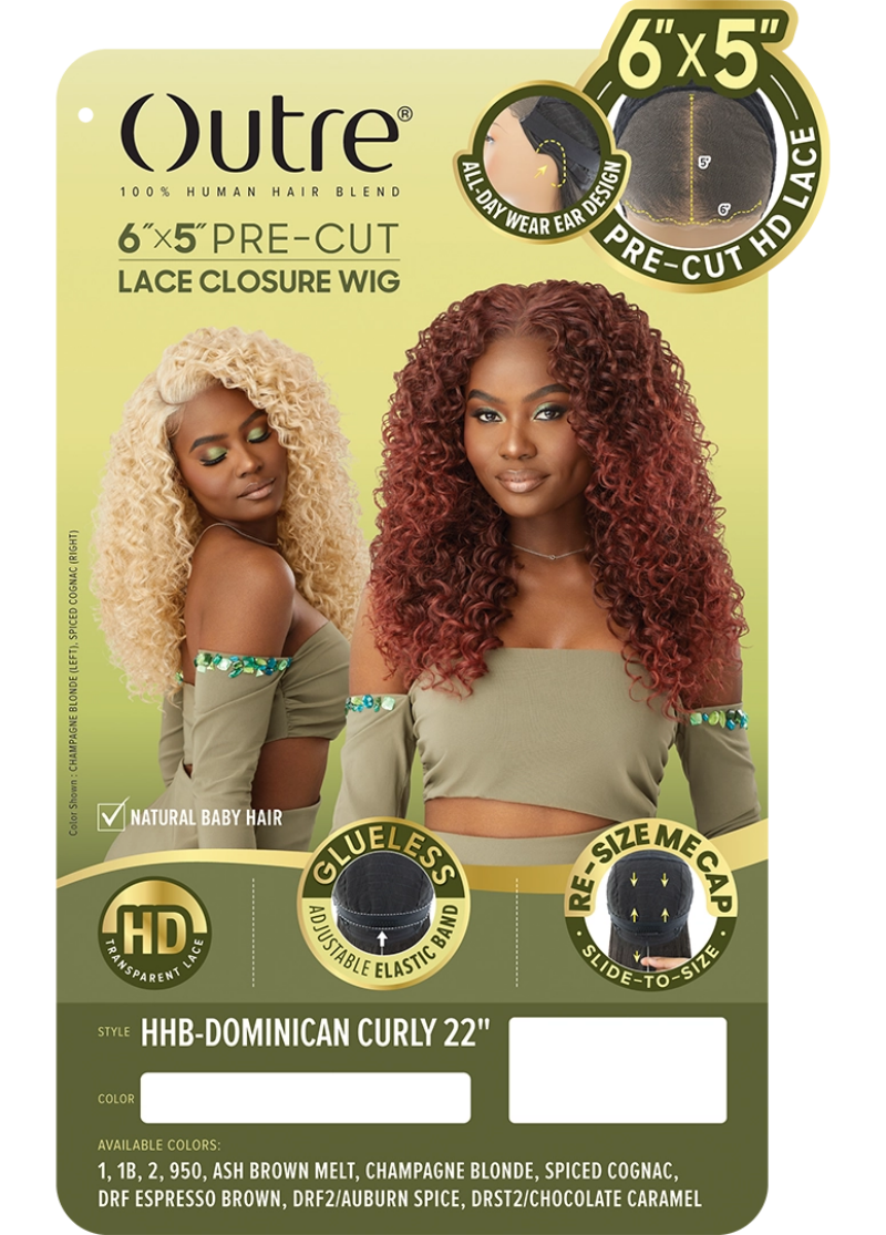Outre Glueless 100% Human Hair Blend 6x5 Pre-Cut Lace Closure Wig DOMINICAN CURLY 22"