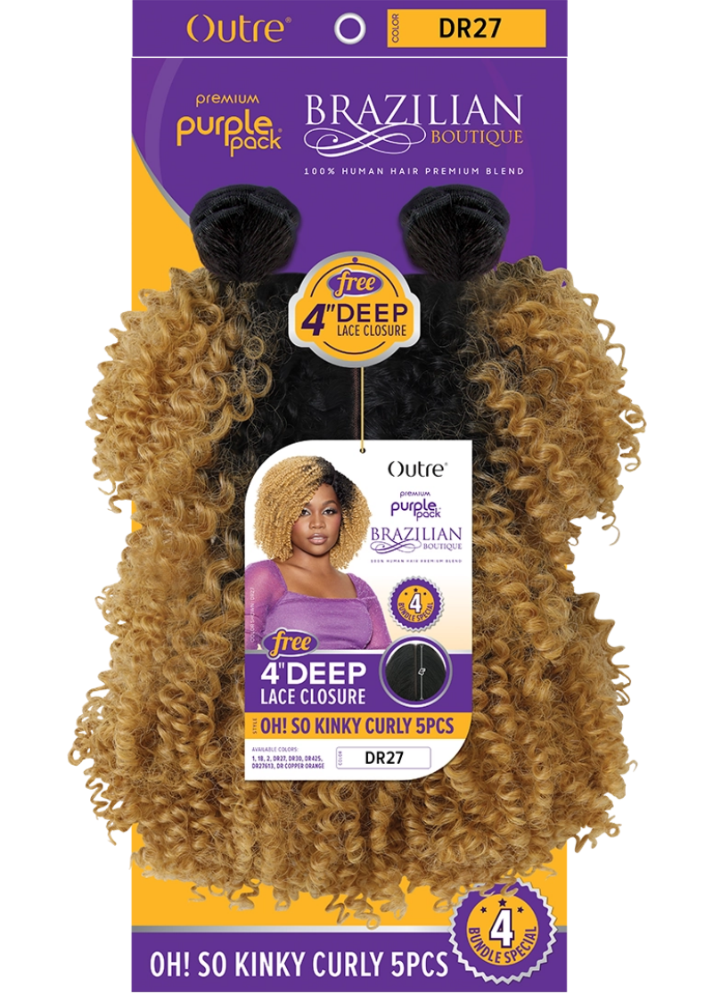 Outre Purple Pack Brazilian Boutique 100% Human Hair Blend Weave OH SO KINKY CURLY 5 PCS + Free 4" Deep Lace Closure