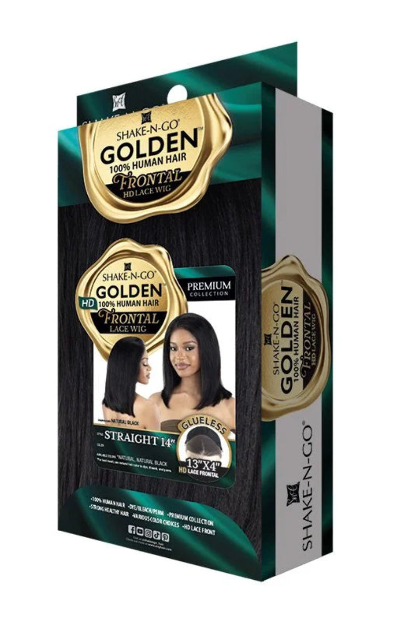 Shake-N-Go Golden 100% Human Hair Glueless 13x4 HD Transparent Lace Front Wig STRAIGHT 14"