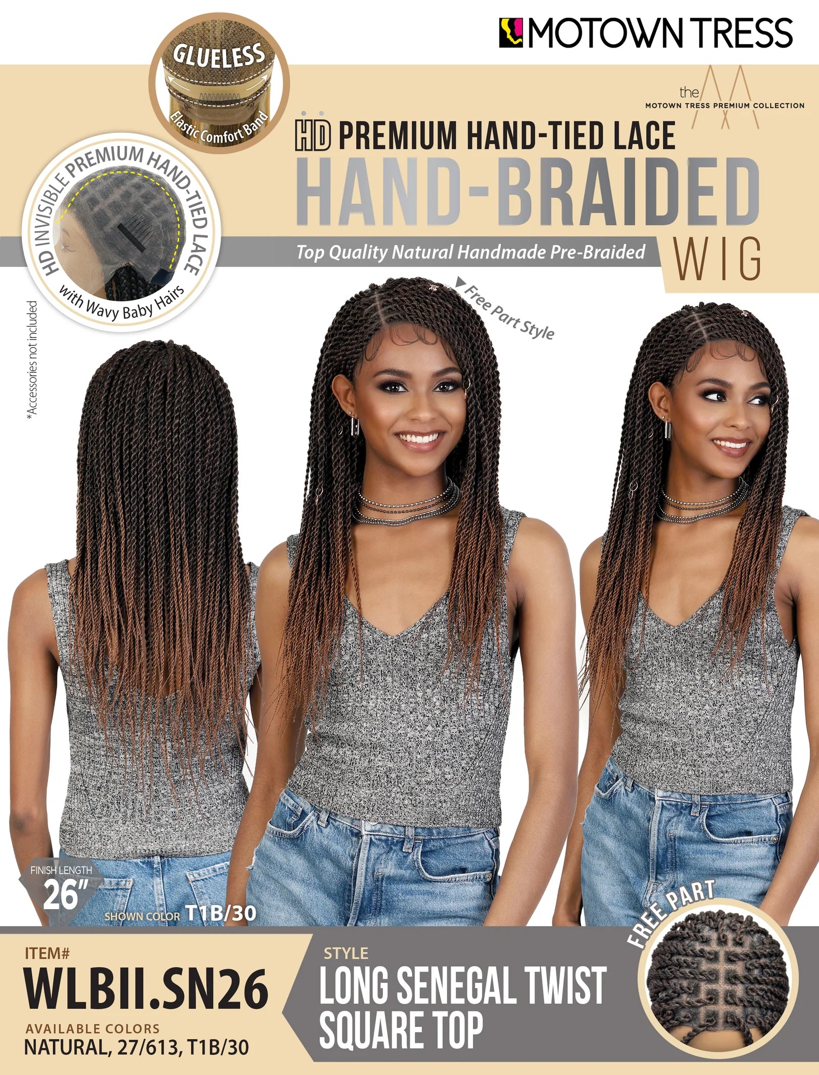 Motown Tress Glueless HD Hand-Braided Full Lace Wig LONG SENEGAL TWIST SQUARE TOP WLBII.SN26